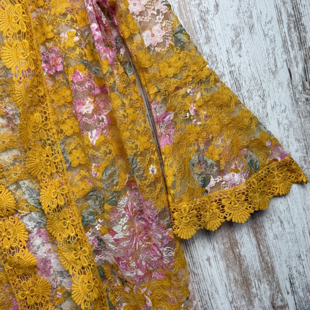 Jolie & Joy Floral Lace Kimono Cardigan Yellow Pink Bell Sleeve Large Feminine - Picture 7 of 12
